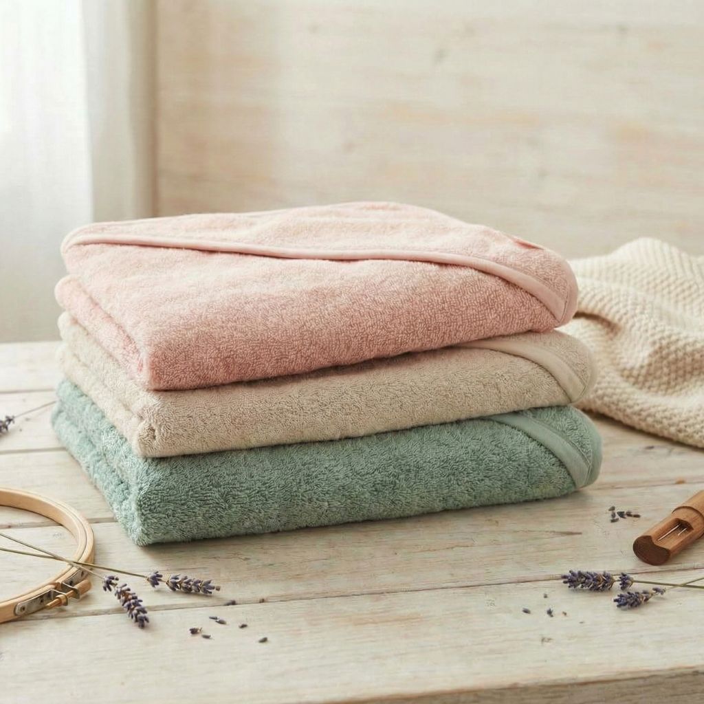 Baby Kapuzenhandtücher in rosa, beige und grün liegen gestapelt aufeinander ohne Personalisierung