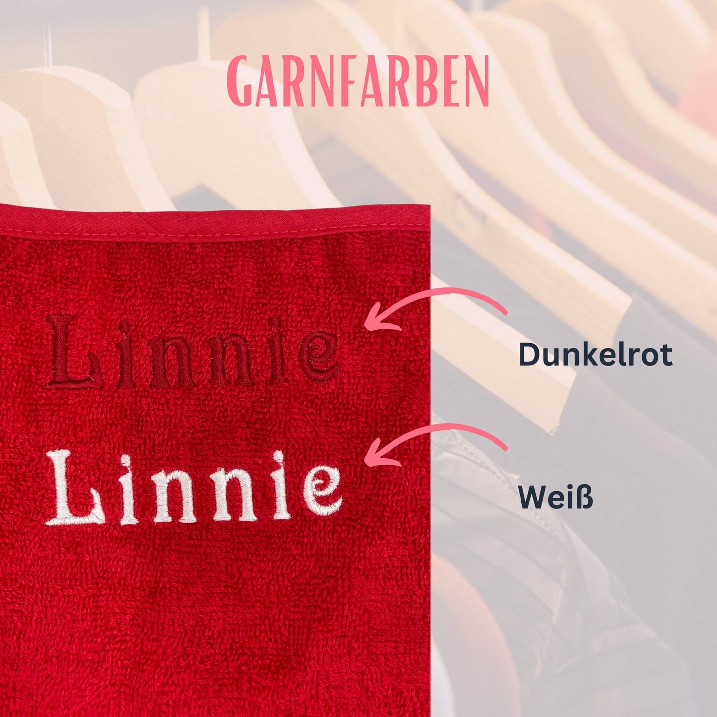 Übersicht der verfügbaren Garnfarben (dunkelrot oder weiß) für die Bestickung des roten Geburtshandtuchs mit Namen und Herz