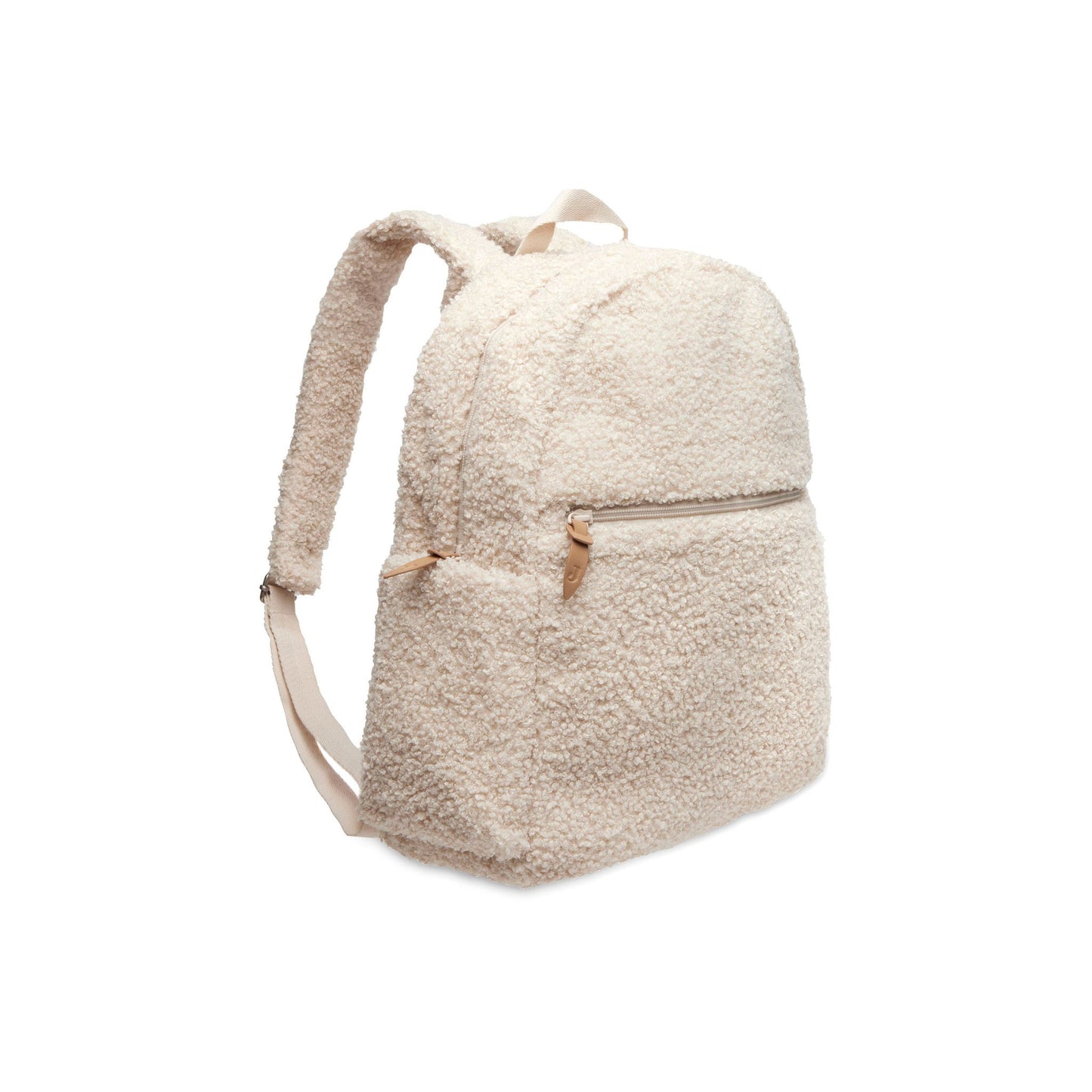 Wickeltasche Rucksack Beige in Teddy Optik von der Seite