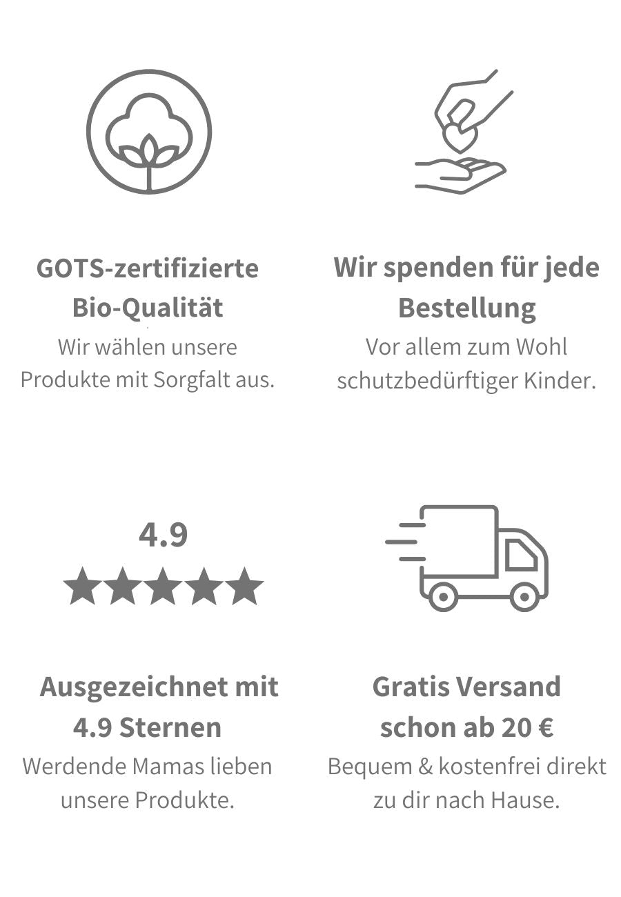 Icons 4 Kernversprechen der Marke Linnies mit Text: Hohe Qualität, Wir spenden für jede Bestellung 1 €, 5 Sterne Bewertung im Schnitt von werdenden Mamas, schneller gratis Versand ab 20€ (mobile Version)
