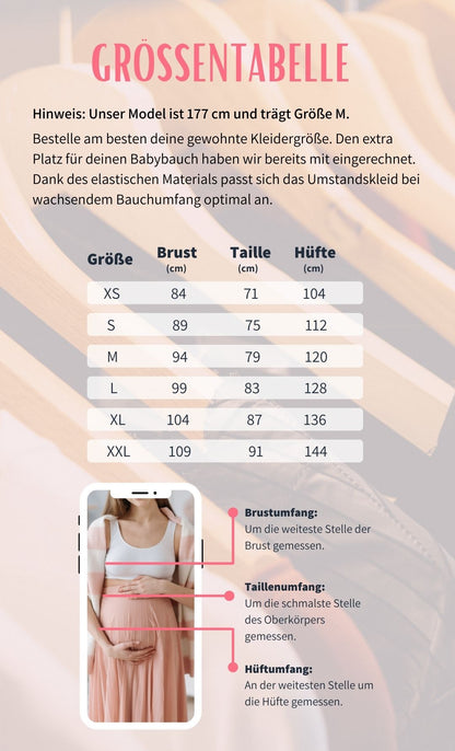 Übersicht über Größen des Still- und Umstandskleides inkl. Größenratgeber