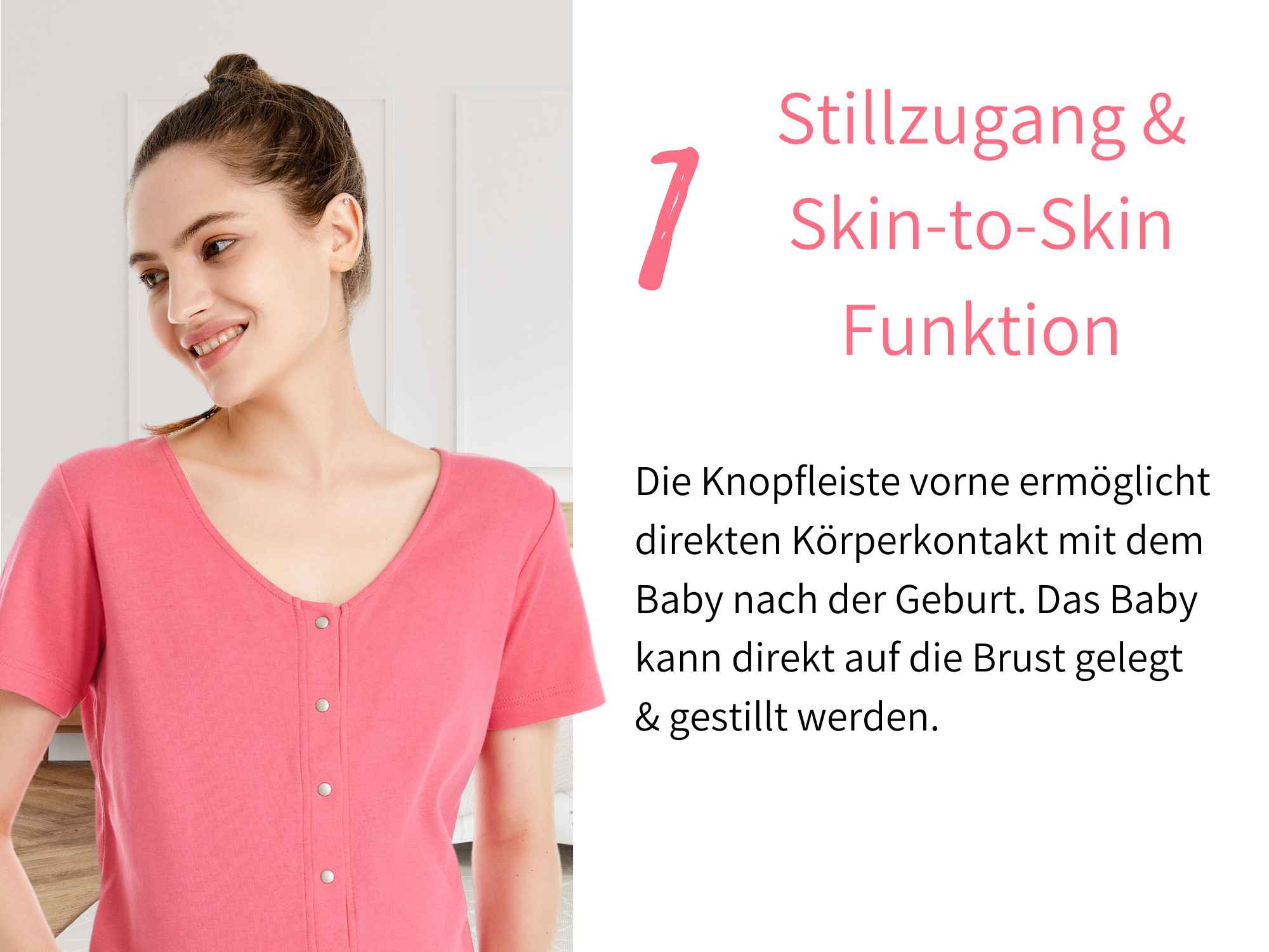 Bild zeigt einen von vier wichtigen Vorteilen des Geburtskleides: Stillfunktion und Skin to Skin Funktion nach der Geburt
