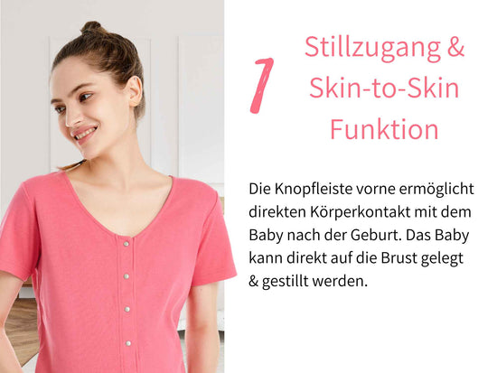 Bild zeigt einen von vier wichtigen Vorteilen des Geburtskleides: Stillfunktion und Skin to Skin Funktion nach der Geburt
