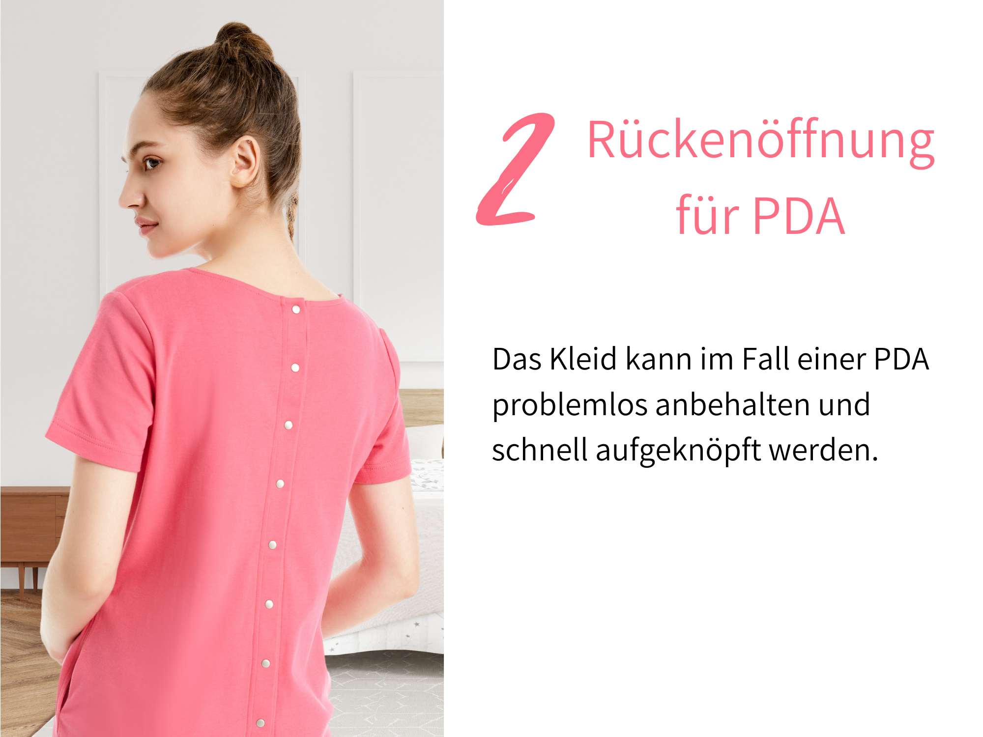 Bild zeigt einen von vier wichtigen Vorteilen des Geburtskleides: Rückenöffnung für PDA