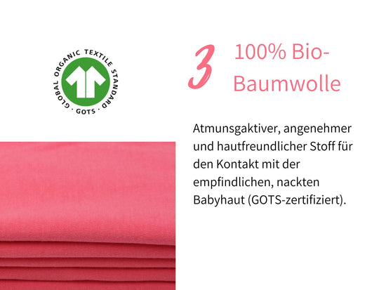 Bild zeigt einen von vier wichtigen Vorteilen des Geburtskleides: Das Material ist aus reiner 100% Bio-Baumwolle und GOTS-zertifiziert