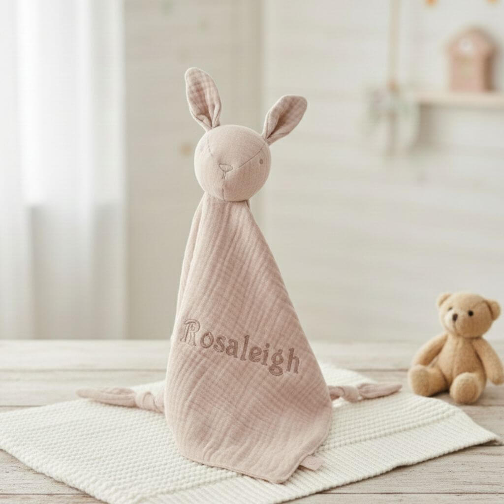 Baby Schmusetuch Hase in rosa von vorne in einem Babyzimmer