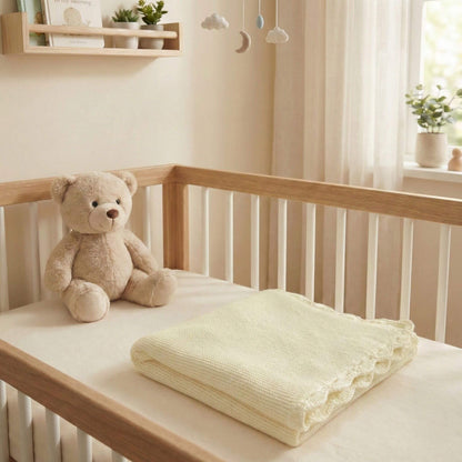 Babydecke in beige liegt zusammengefaltet im Babybett