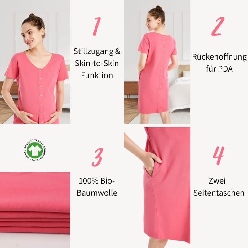 Zeigt die Vorteile & Funktionen des Geburtskleides: Stillzugang und Skin-to-Skin Funktion, Rückenöffnung für PDA, 100% Bio-Baumwolle GOTS, zwei Seitentaschen