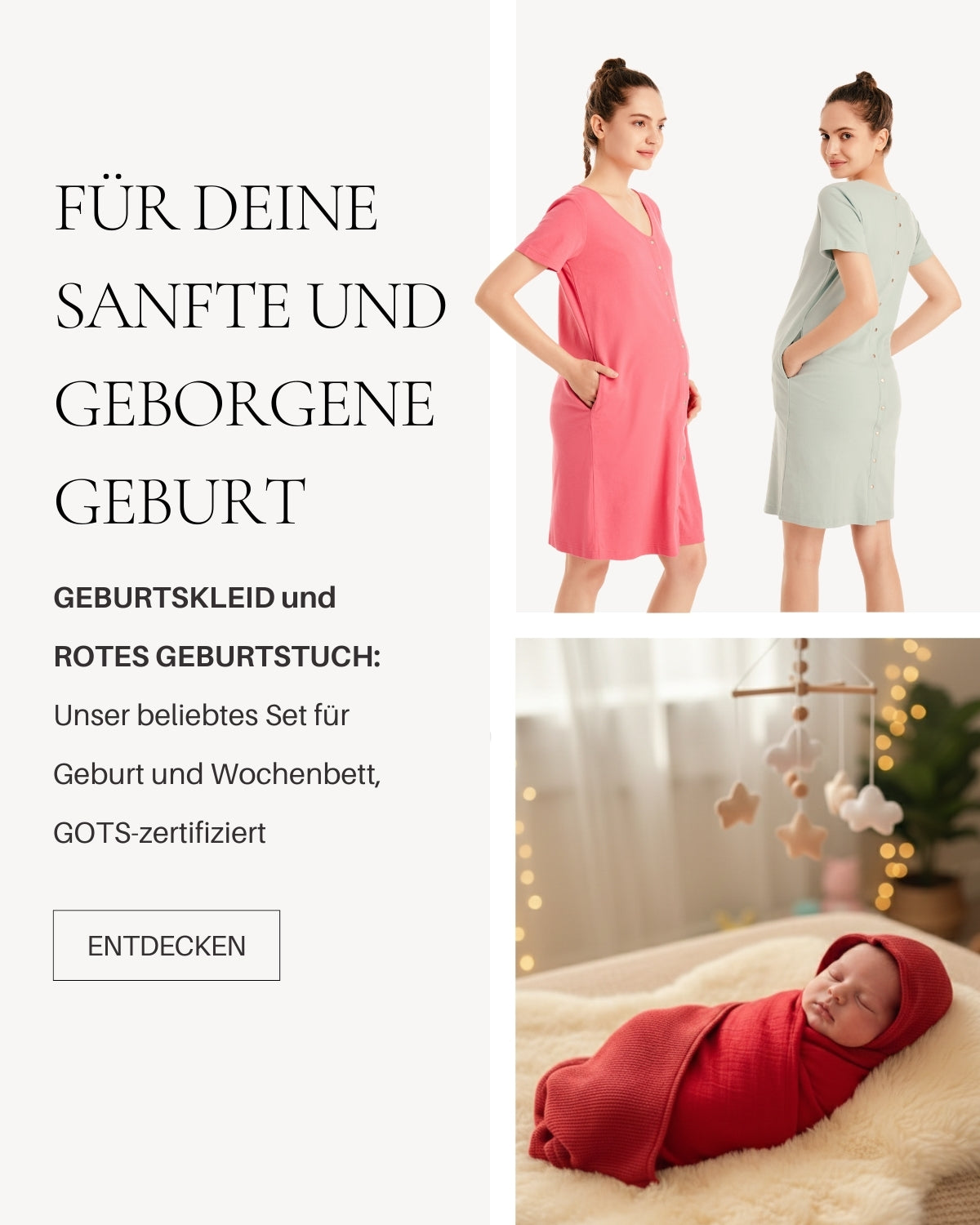 Für die sanfte und geborgene Geburt werden die Produkte Geburtskleid und rotes Geburtstuch im Set vorgestellt (mobile Banner)