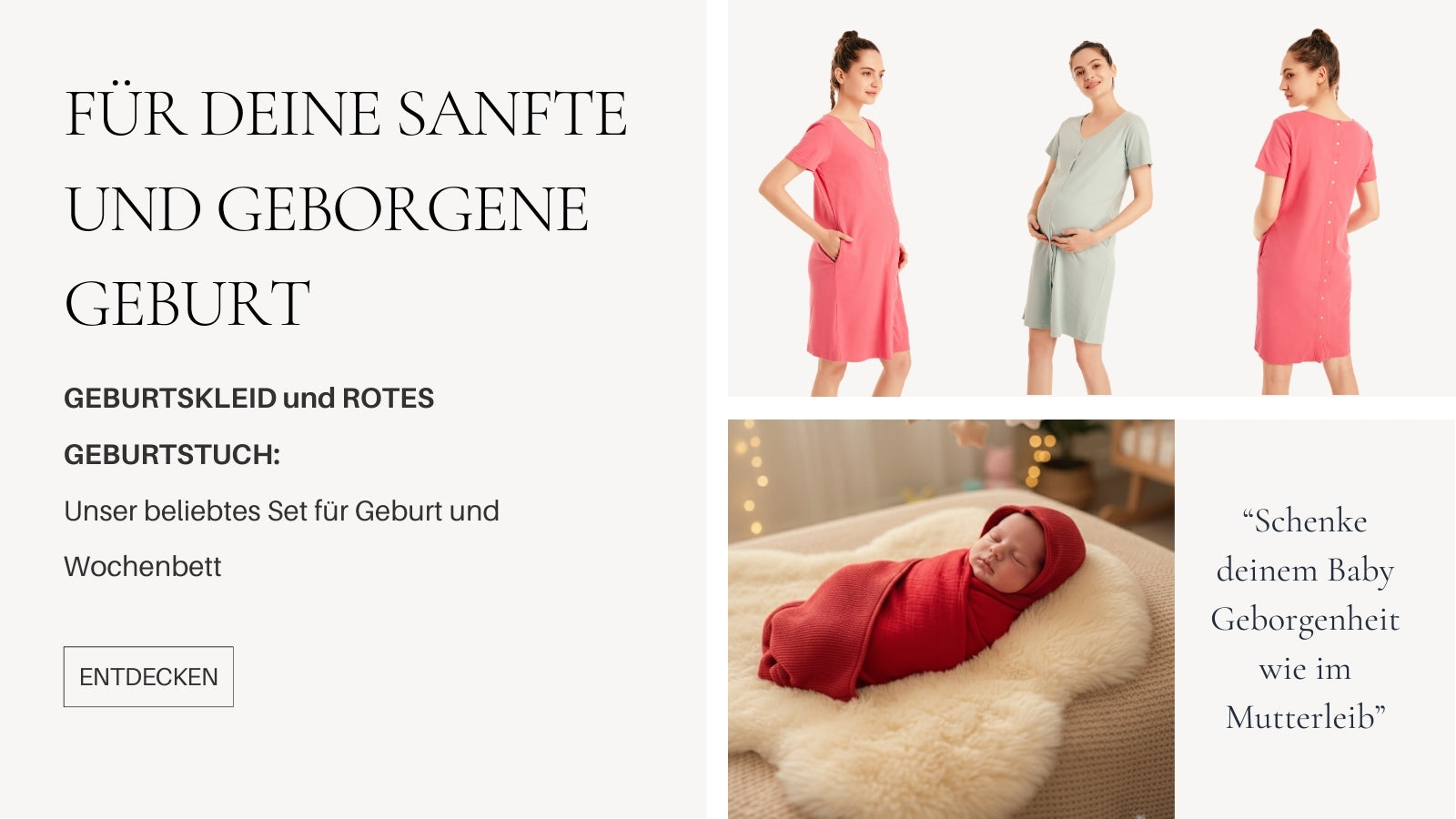 Für die sanfte und geborgene Geburt werden die Produkte Geburtskleid und rotes Geburtstuch im Set vorgestellt (Desktop Banner)