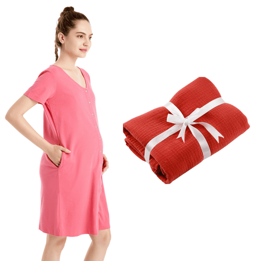 Darstellung der beiden Set-Produkte: Model mit rotem Geburtskleid und rotes Geburtstuch