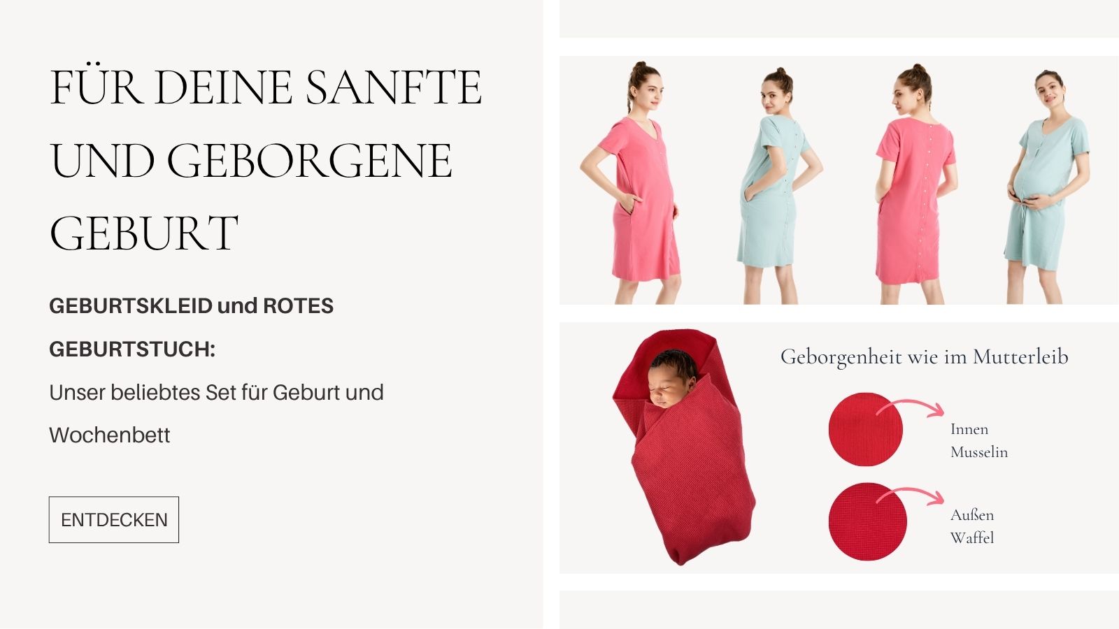 Für deine sanfte und geborgende Geburt werden die Produkte Geburtskleid und rotes Geburtstuch im Set vorgestellt