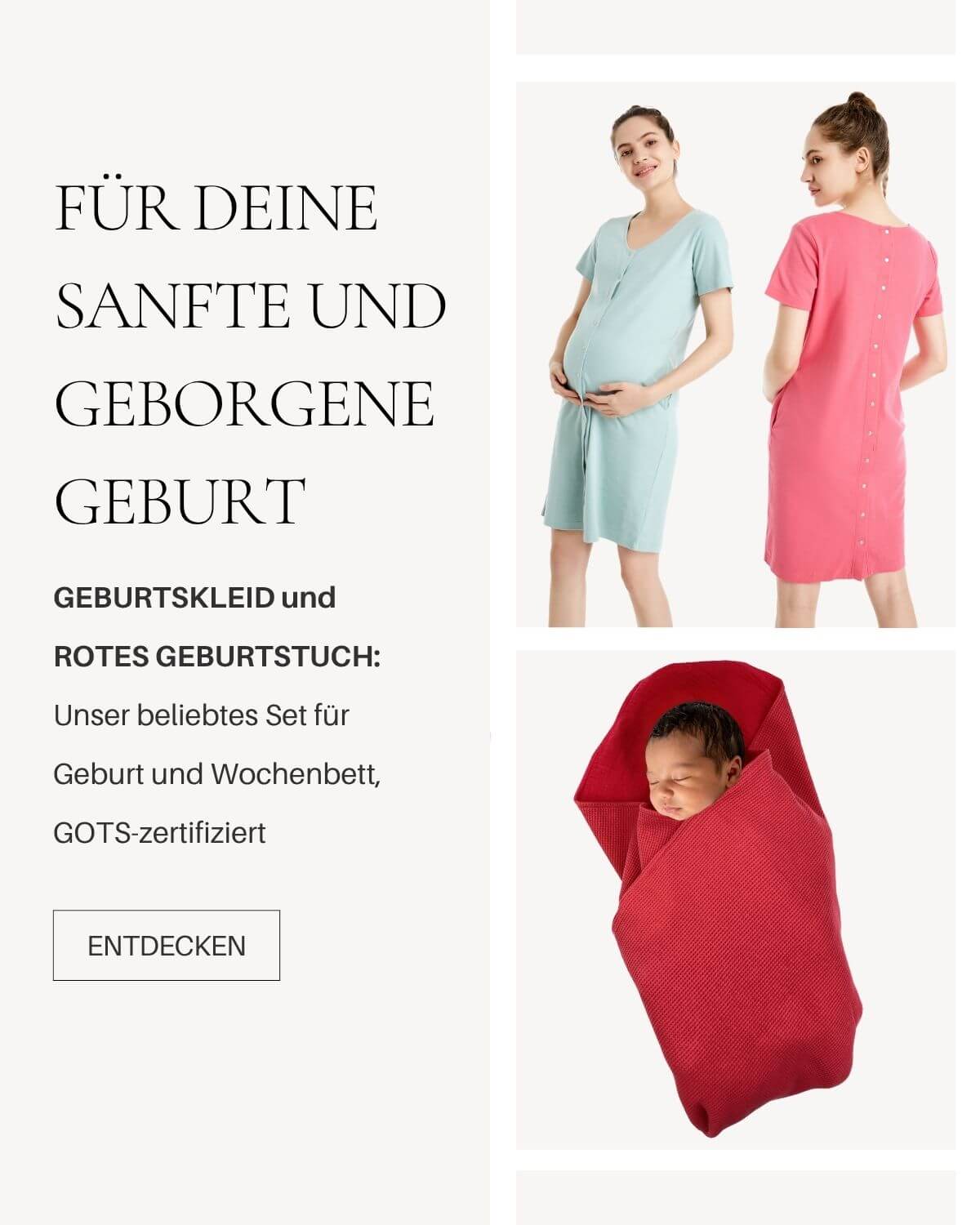 Für deine sanfte und geborgende Geburt werden die Produkte Geburtskleid und rotes Geburtstuch im Set vorgestellt
