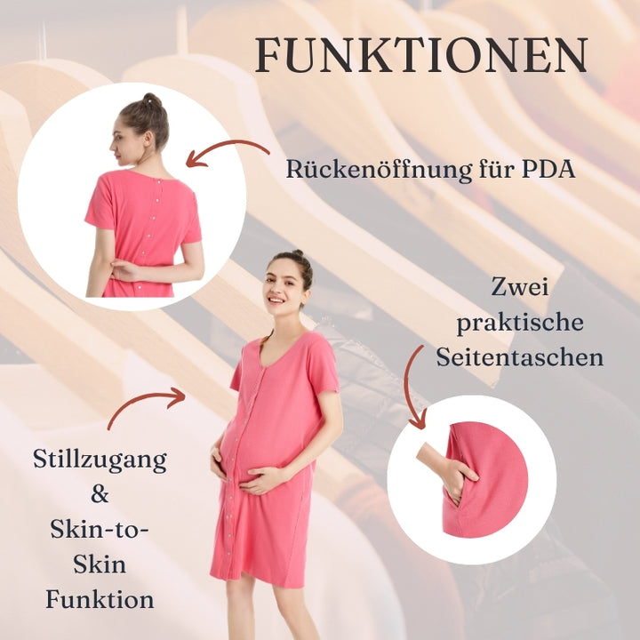 Das Bild zeigt die Vorteile und Funktionen des Geburtskleides der Marke Linnies.