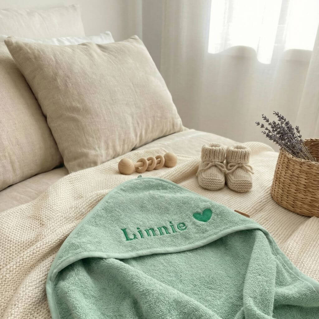 Grünes Baby Kapuzenhandtuch mit Namen und Herz personalisiert liegt ausgebreitet auf dem Bett