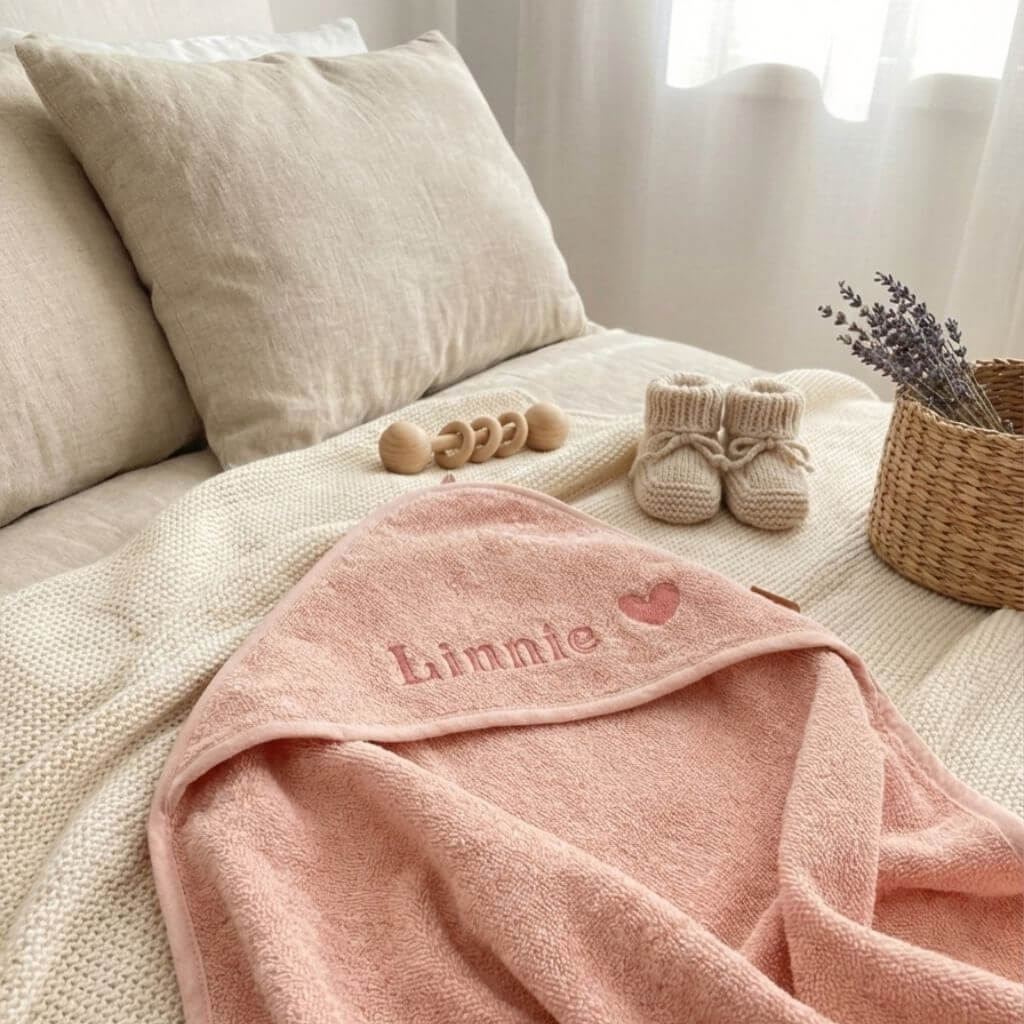Rosa Baby Kapuzenhandtuch mit Namen und Herz personalisiert liegt ausgebreitet auf dem Bett