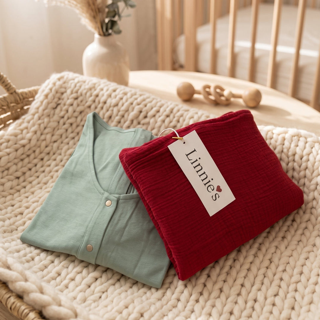 Mama-und-Baby-Set: rotes Geburtstuch und Geburtskleid