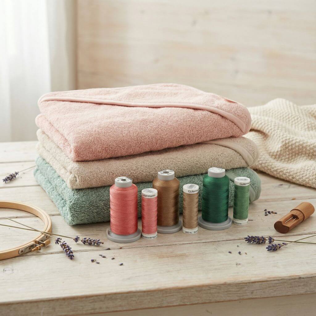 Baby Kapuzenhandtücher in rosa, beige und grün auf einem Stapel und davor sind die farblich passenden Stickgarnrollen für die Personalisierung aufgestellt