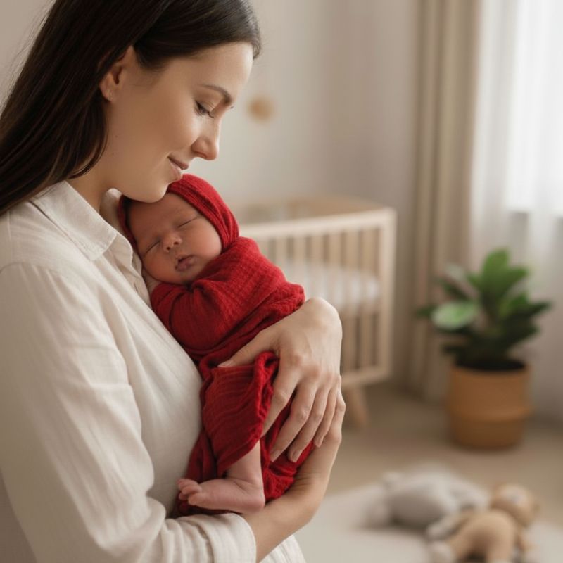 Baby ist auf Arm von Mutter und geborgen eingewickelt in das rote Geburtstuch und schläft