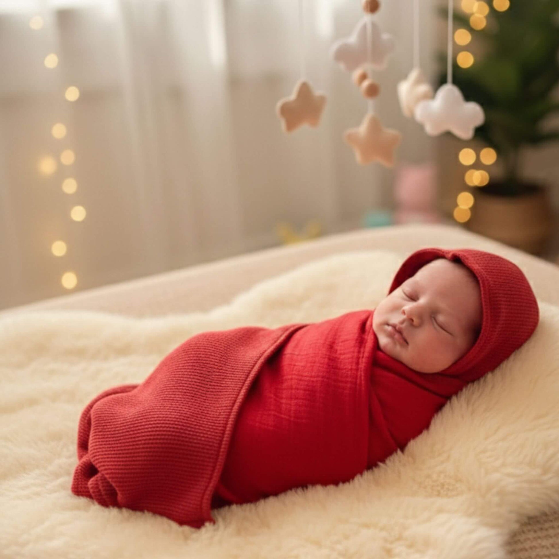 Baby liegt schlafend auf einem Lammfell und ist geborgen in das rote Geburtstuch eingewickelt