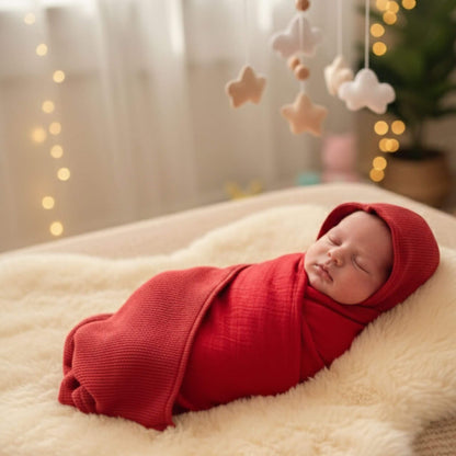 Baby liegt schlafend auf einem Lammfell und ist geborgen in das rote Geburtstuch eingewickelt