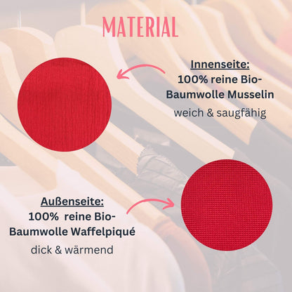 Materialzusammensetzung rotes Geburtstuch: Außenseite Waffelpique und Innenseite Musselin Bio-Baumwolle