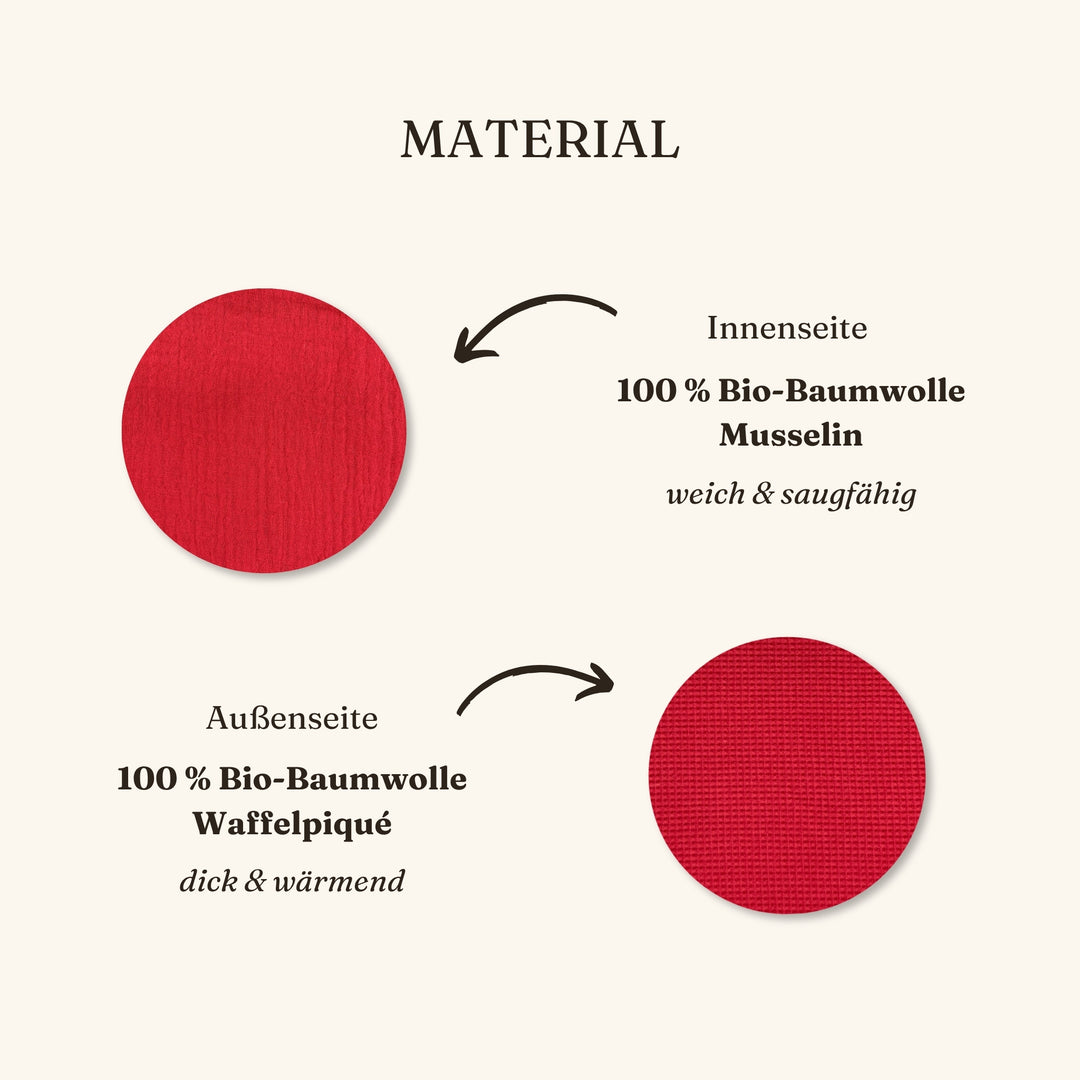 Materialzusammensetzung rotes Geburtstuch: Außenseite Waffelpique und Innenseite Musselin Bio-Baumwolle