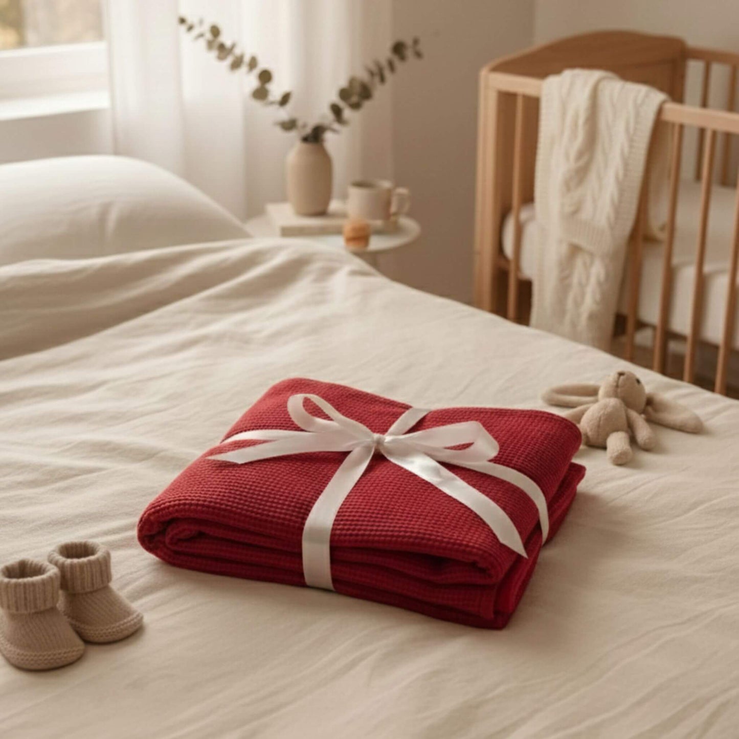 Rotes Geburtstuch bzw. Geburtsdecke mit weißer Seidenschleife verpackt