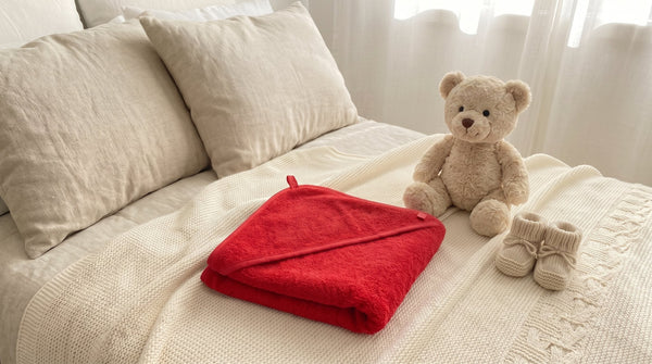 Rotes Kapuzenhandtuch für Babys, personalisierbar mit Namen