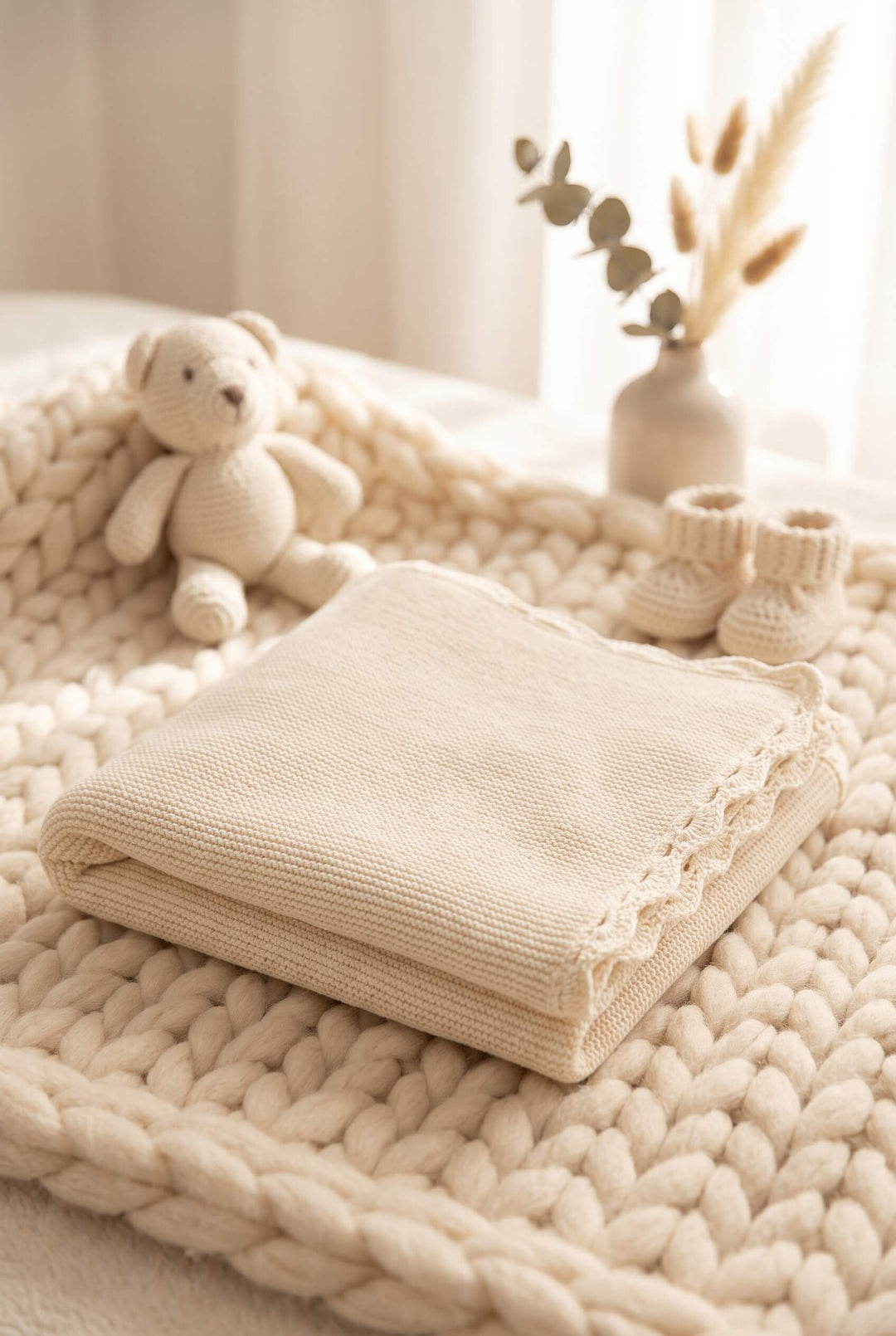 Cremefarbene Babydecke Wolke aus Bio-Baumwolle von Linnie's, gefaltet mit Teddy und Babyschuhen