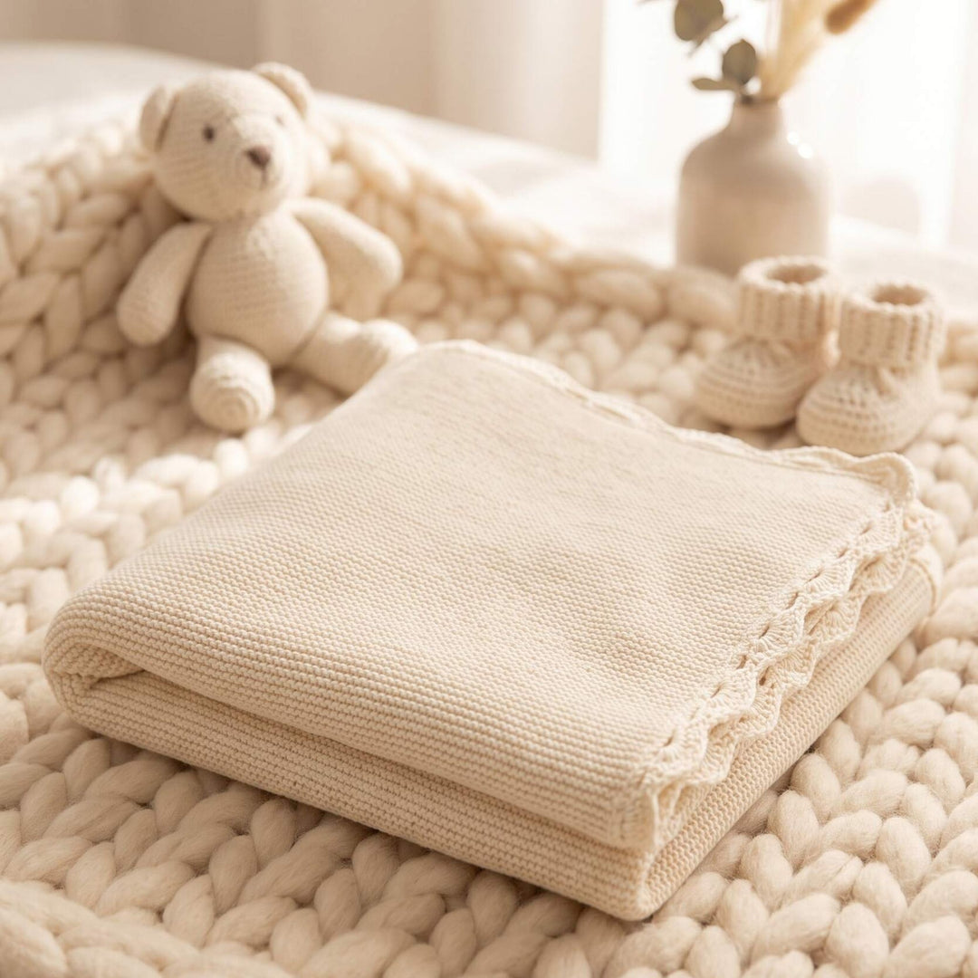 Cremefarbene Babydecke Wolke aus Bio-Baumwolle von Linnie's, gefaltet mit Teddy und Babyschuhen