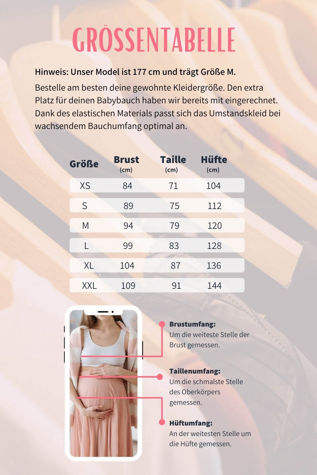 Größentabelle für das Umstandskleid mit Stillzugang aus Bio-Baumwolle und Bambusfaser inkl. Größenratgeber