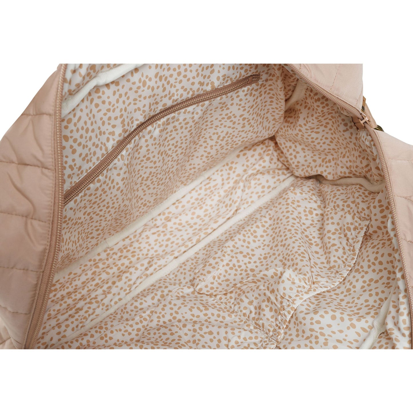 Wickeltasche in Farbe Biscuit Beige Innenansicht  des Futters mit Pünktchen Muster und Innentasche