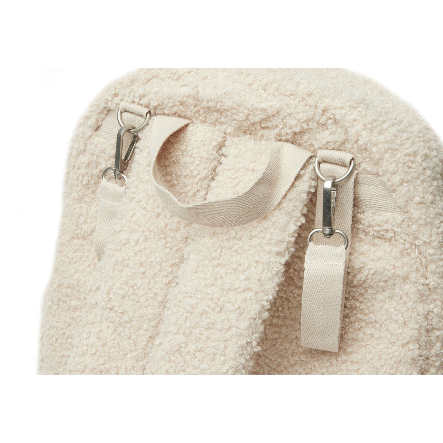 Schultergurt und Handschlaufe von Wickeltasche Rucksack Beige in Teddy Optik