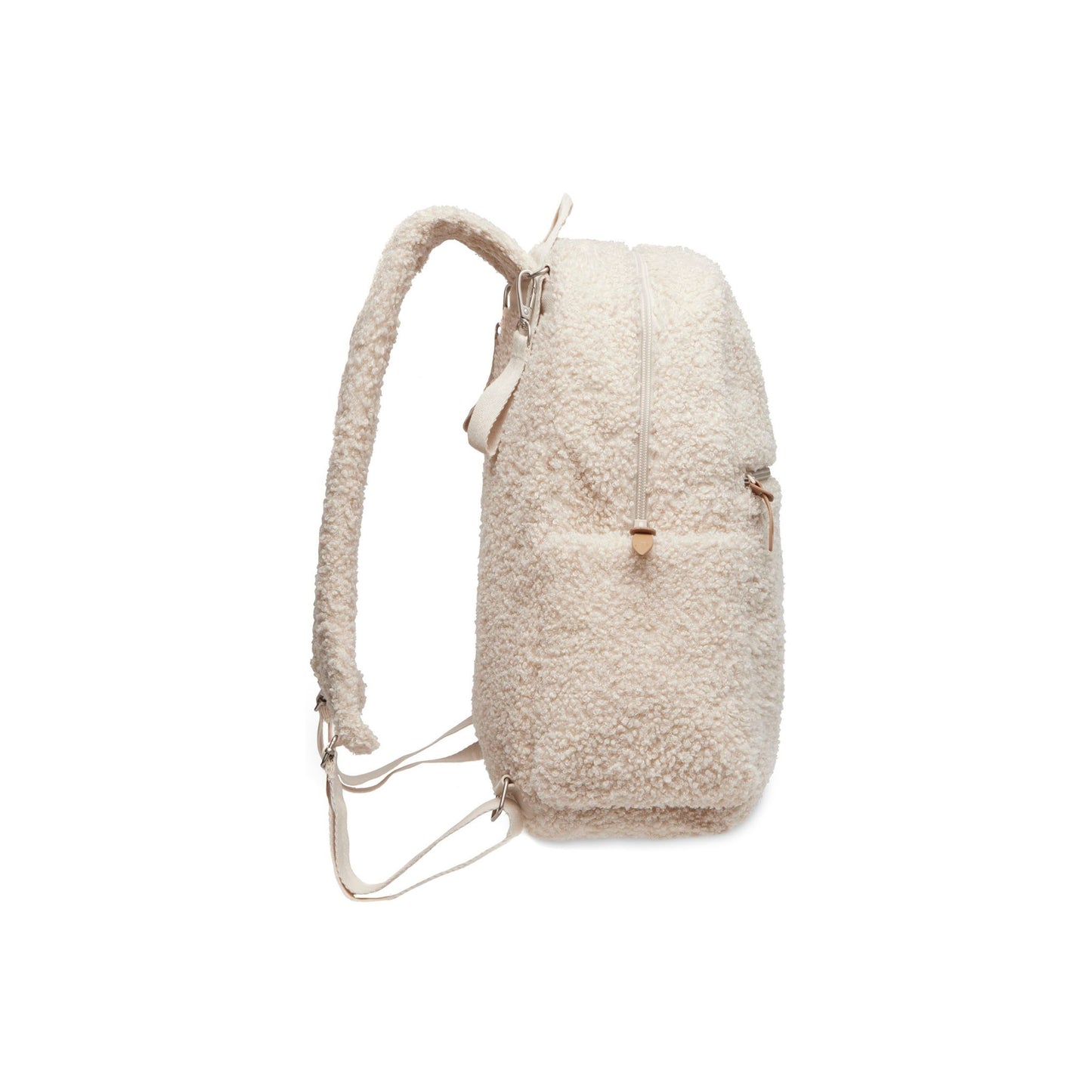 Wickeltasche Rucksack Beige in Teddy Optik praktische Seitentaschen für Flaschen
