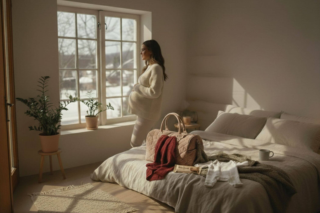 Schwangere schaut aus dem Fenster es schneit und die gepackte Kliniktasche liegt hinter ihr auf dem Bett